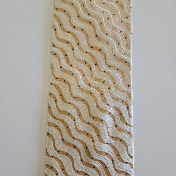 Sazzari Tie Gold White Waves Embroidery Grey Dots 100% SIlk L 56.5 in W 3.75 in - Picture 8 of 13